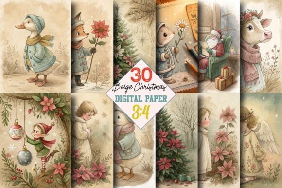 Beige Christmas Junk Journal Pages & Patterns