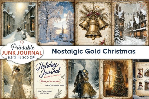 Nostalgic Gold Christmas Junk Journal Backgrounds