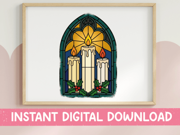 Stained Glass Christmas Candles Holly for T-Shirt Designs