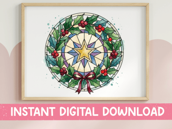 Stained Glass Christmas Holly Wreath for T-Shirt Designs